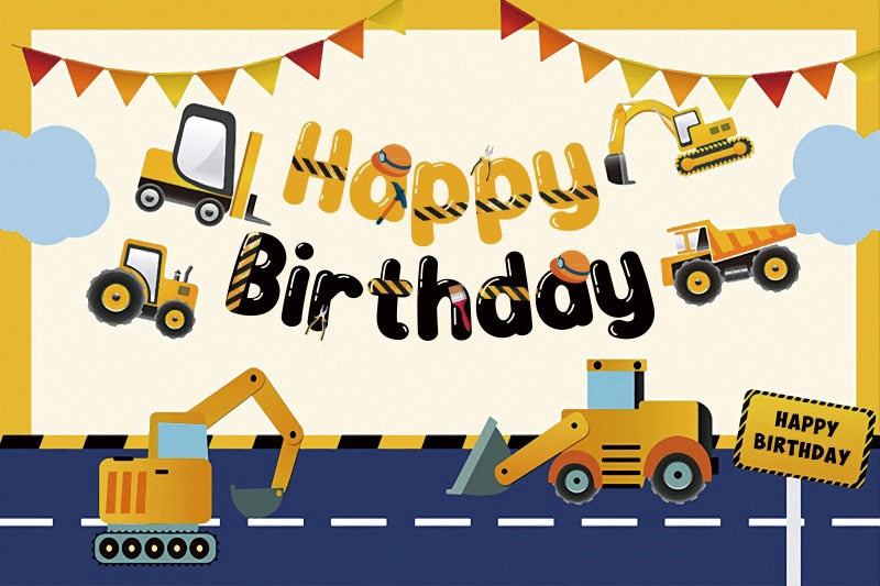 Construction Happy Birthday Party Cloth Backdrop / Construction Photo Prop Background