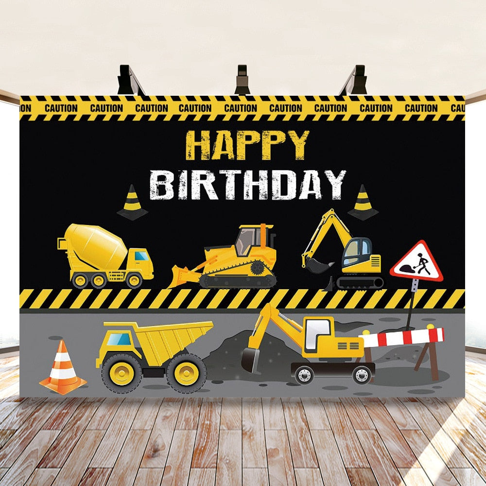 Construction Happy Birthday Party Cloth Backdrop / Construction Photo Prop Background