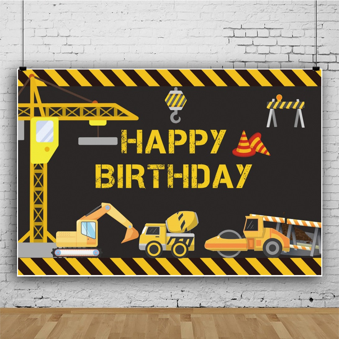 Construction Happy Birthday Party Cloth Backdrop / Construction Photo Prop Background