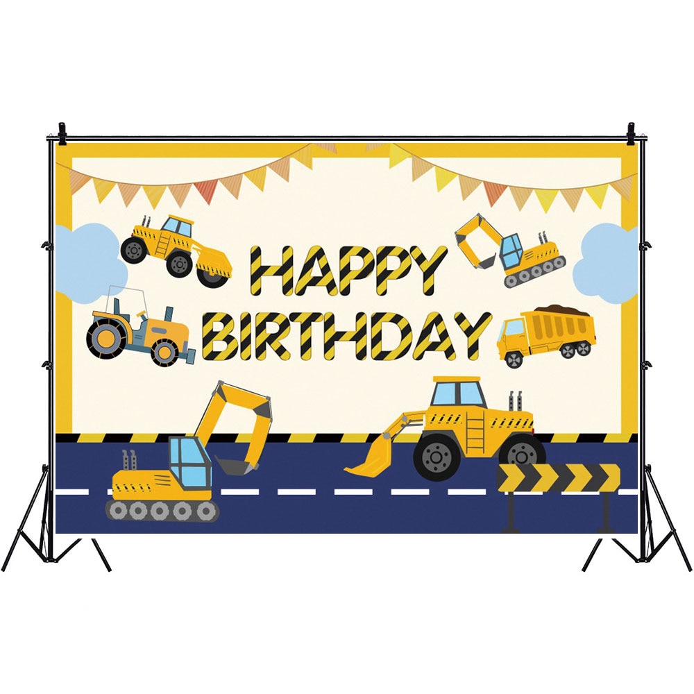 Construction Happy Birthday Party Cloth Backdrop / Construction Photo Prop Background