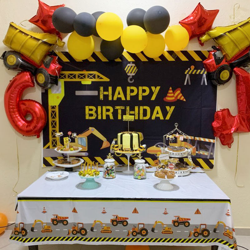 Construction Happy Birthday Party Cloth Backdrop / Construction Photo Prop Background