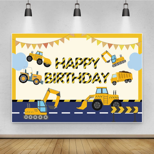 Construction Happy Birthday Party Cloth Backdrop / Construction Photo Prop Background