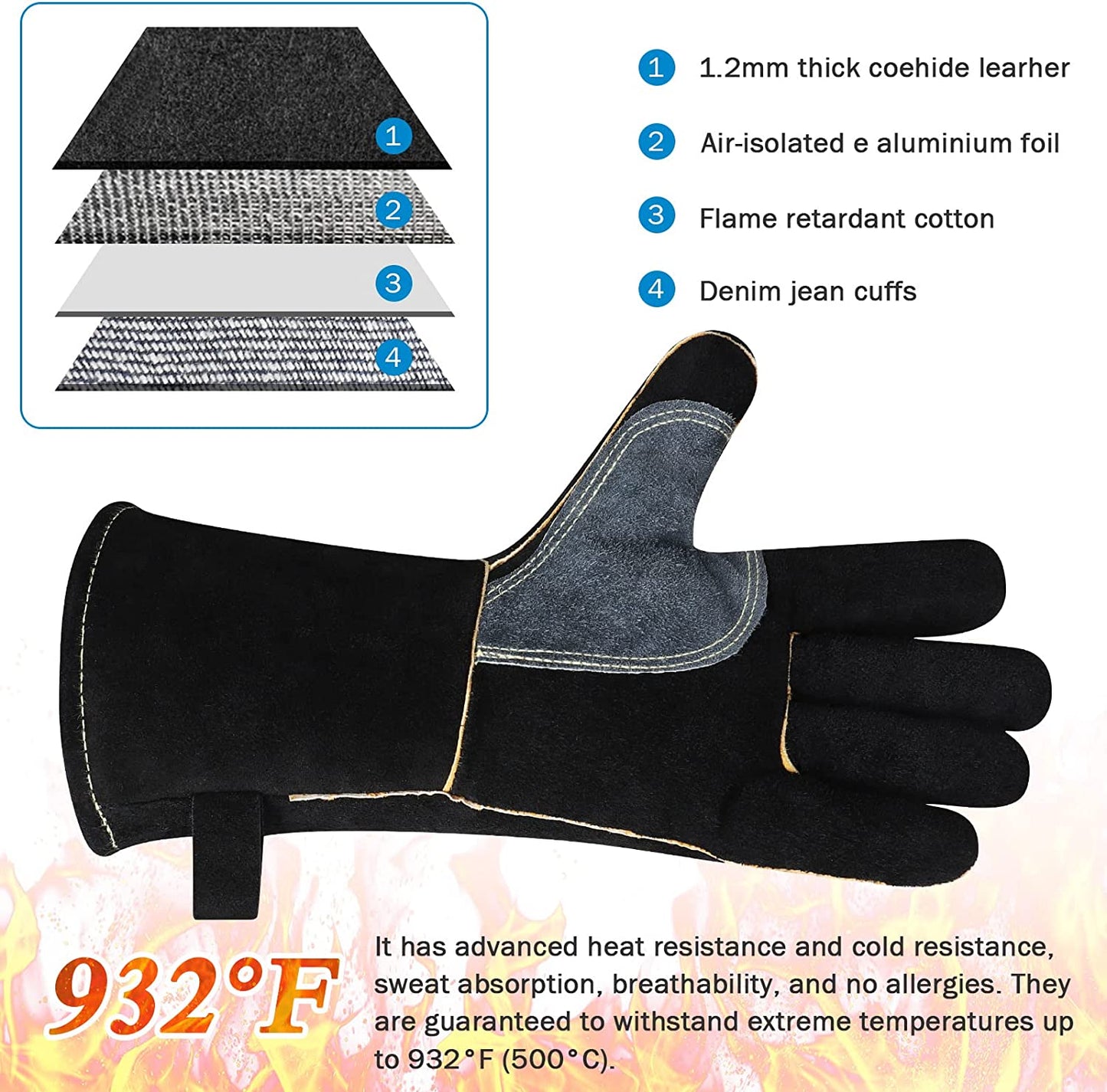 14 Inches Leather Welding Gloves,Heat Resistant